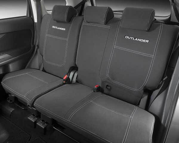 Front interior view of the custom stylish 2nd Row Neoprene Seat Covers in the Mitsubishi Outlander SUV PHEV.