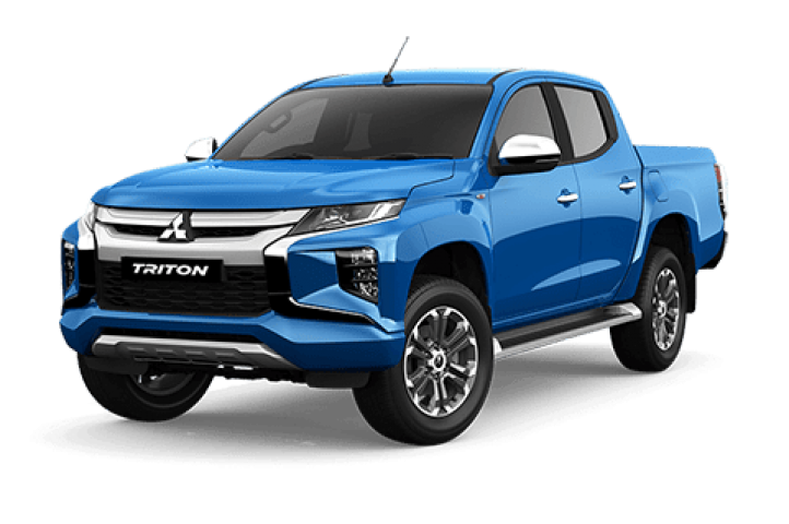 A Triton double cab VRX in Impulse blue with white background