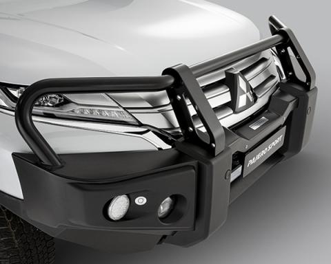Black alloy front protection bar mounted to the bumper of silver Pajero Sport