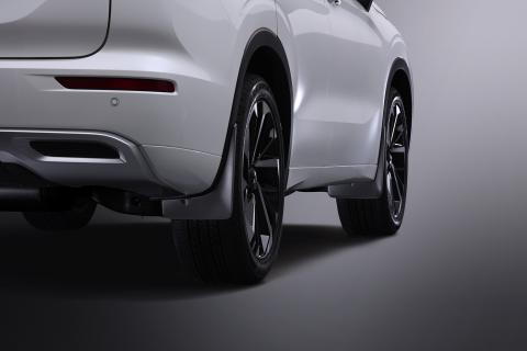 Low angle view of rear mud flap pair for Mitsubishi Outlander