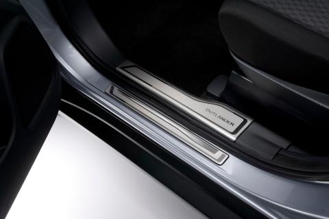 Close up interior image of the elegant Scuff Plate in the Mitsubishi Outlander PHEV
