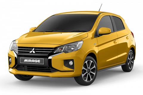 Front shot of a yellow Mitsubishi Mirage in white background