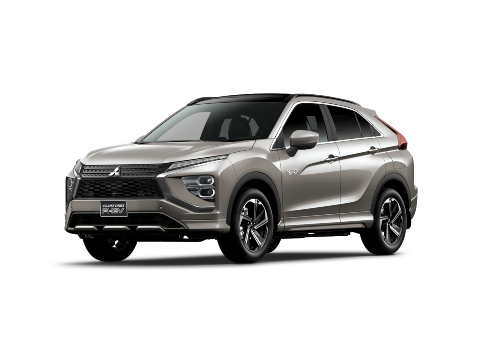 A three quarter front view of a silver Mitsubishi Eclipse Cross PHEV VRX