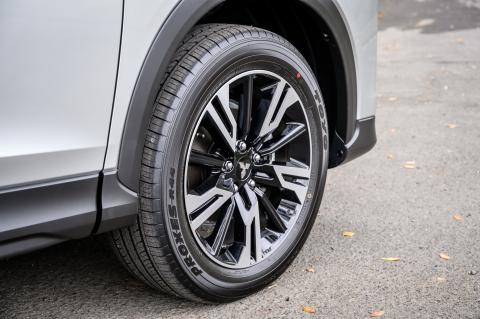 A close up of the front wheel of a Mitsubishi Eclipse Cross